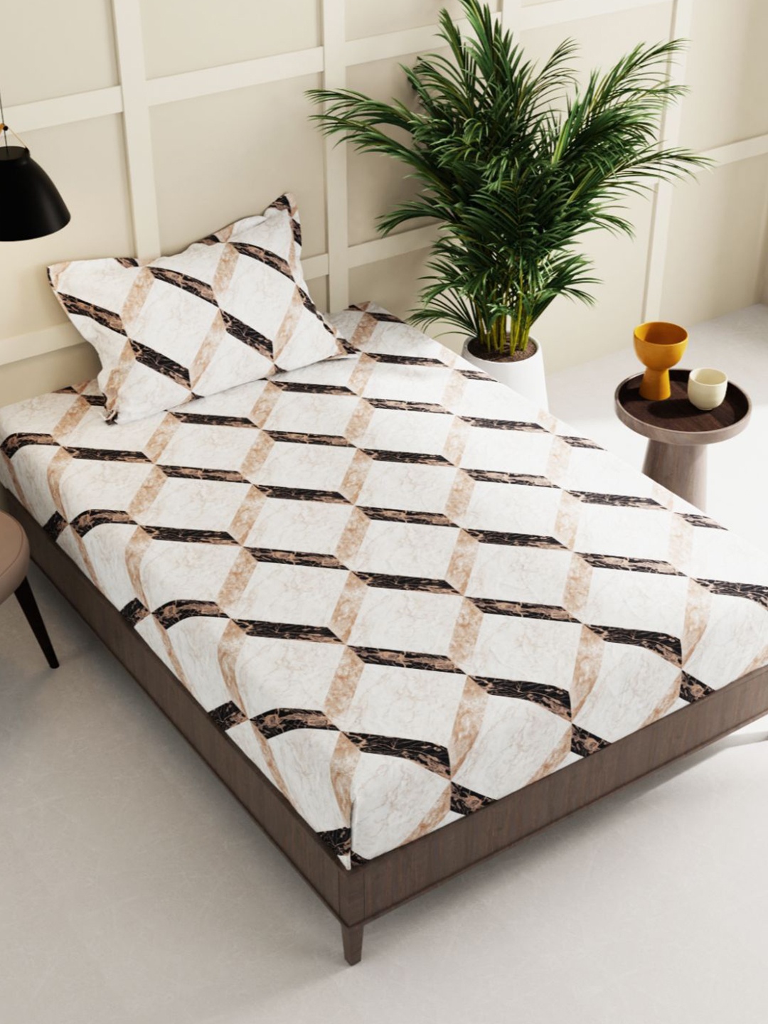 

BIANCA Off White & Brown Geometric 150 TC Single Bedsheet with 1 Pillow Cover