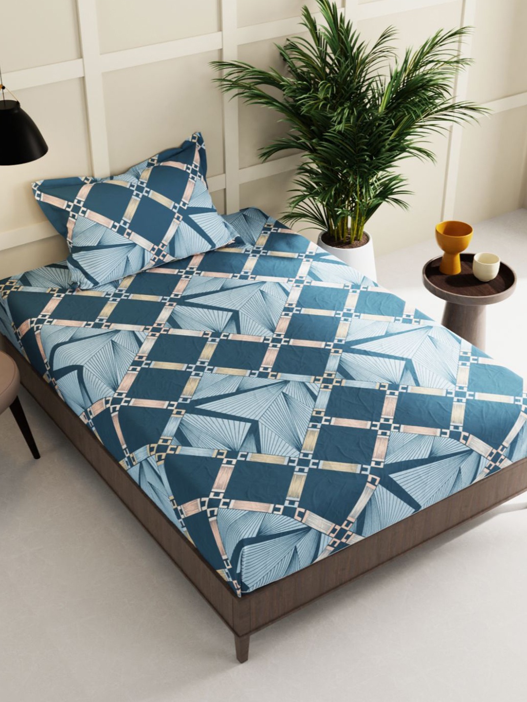 

BIANCA Blue & Beige Geometric Printed 150 TC Single Bedsheet with 1 Pillow Cover