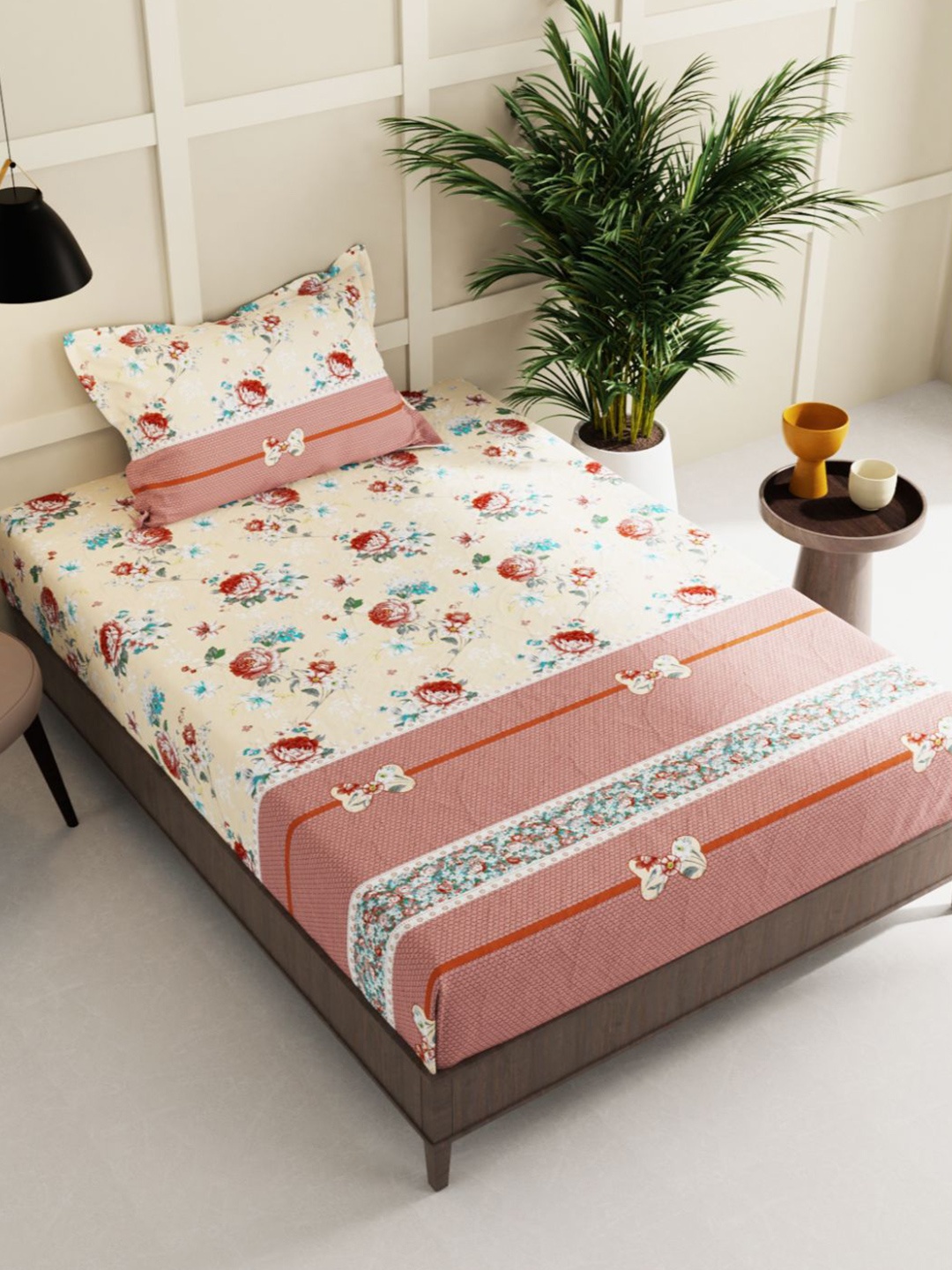 

BIANCA Pink & Cream-Coloured Floral 150 TC Single Bedsheet with 1 Pillow Cover