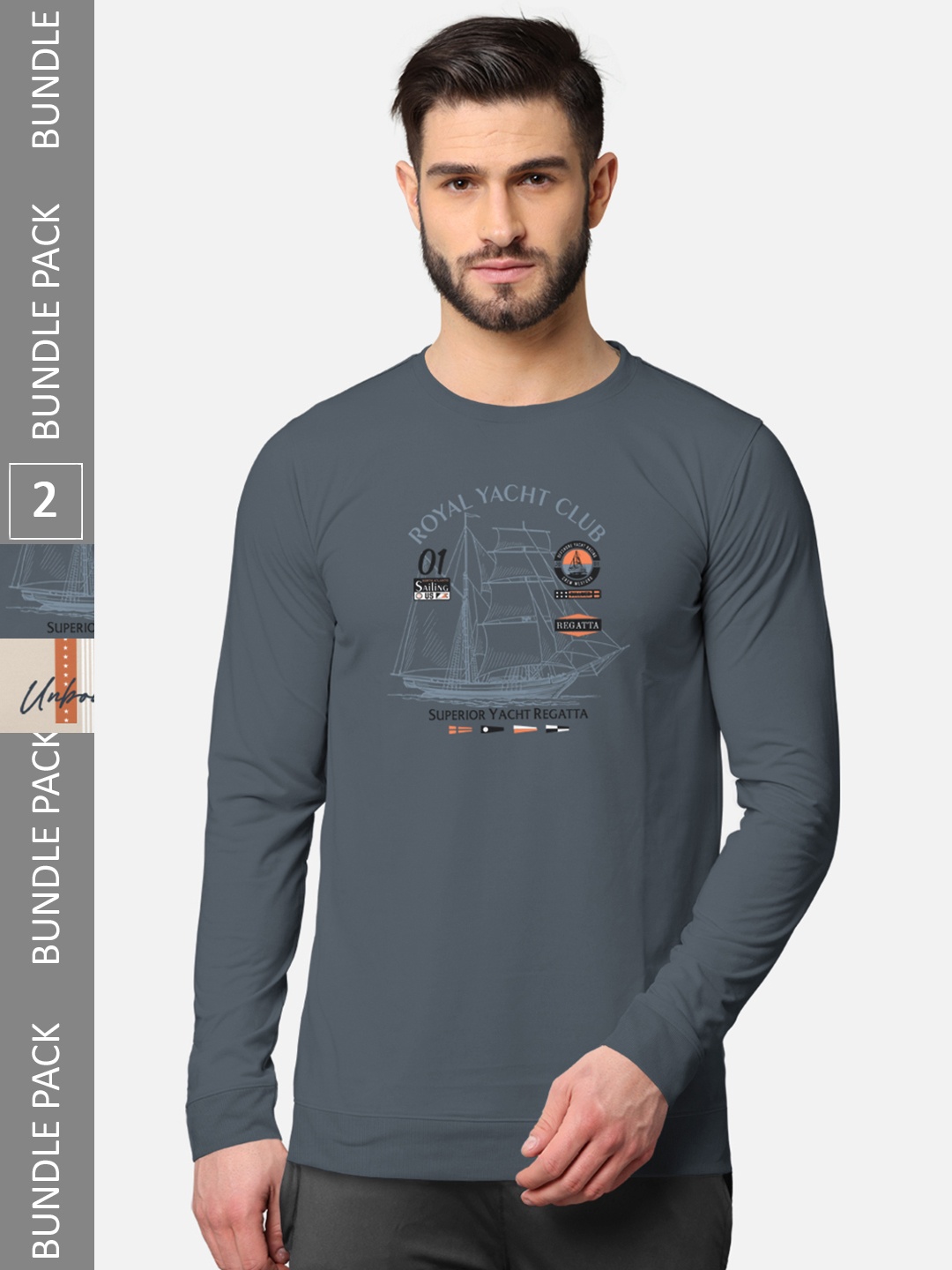 

BULLMER Men Grey & Beige Pack of 2 Printed Cotton T-shirt