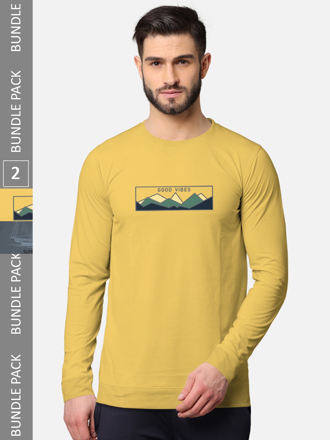 

BULLMER Men Mustard Yellow & Grey Pack of 2 Printed Cotton T-shirt