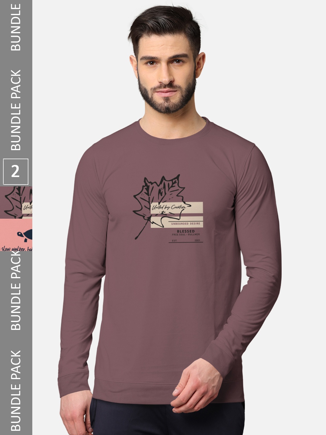 

BULLMER Men Pack Of 2 Taupe & Pink Printed Cotton Sweatshirt