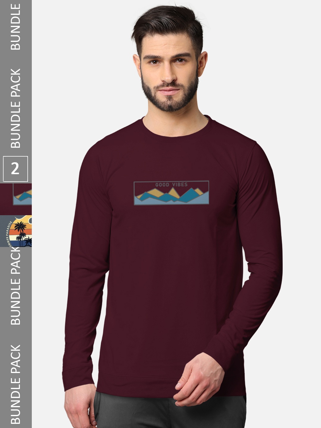 

BULLMER Men Pack Of 2 Burgundy & Grey Printed Cotton T-shirt