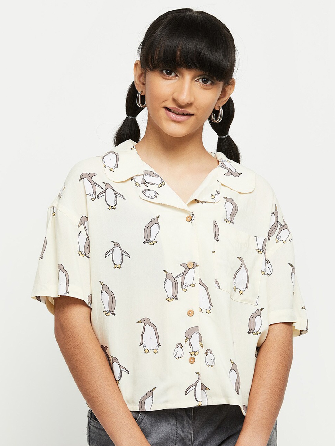 

max Girls White & Brown Printed Casual Shirt