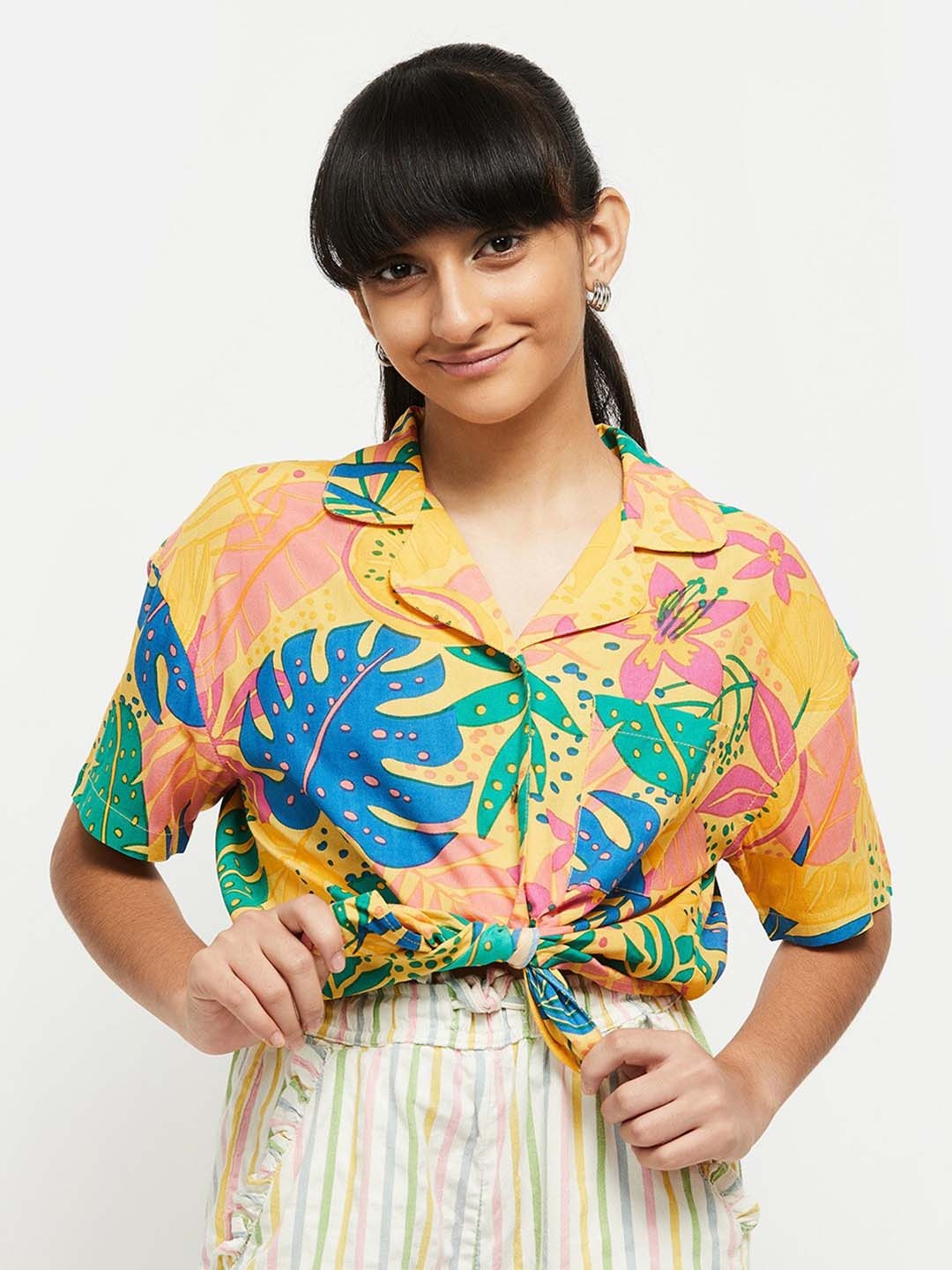 

max Girls Yellow & Blue Floral Printed Casual Shirt
