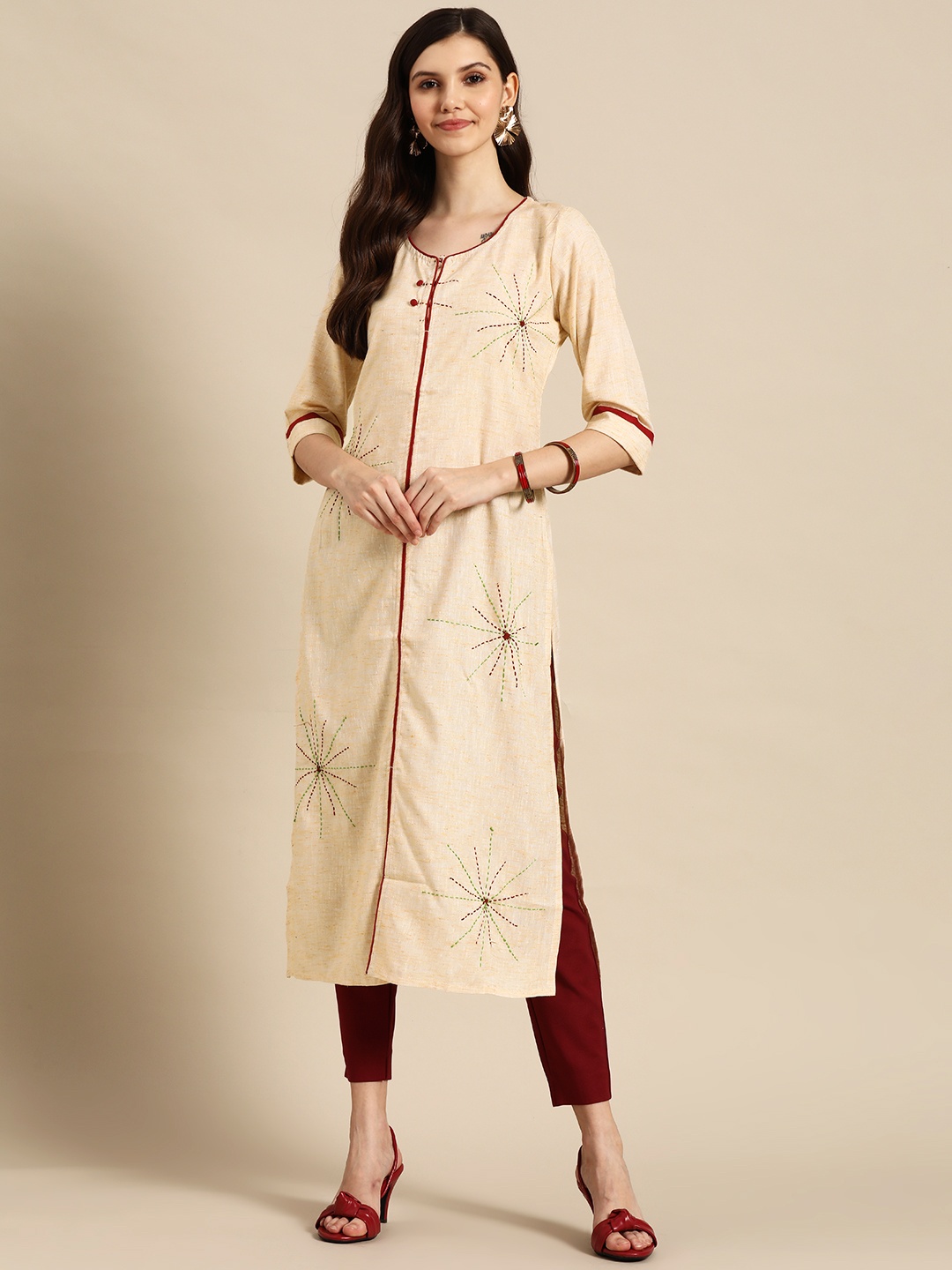 

Sangria Women Yellow & Maroon Embroidered Thread Work Pure Cotton Kurta