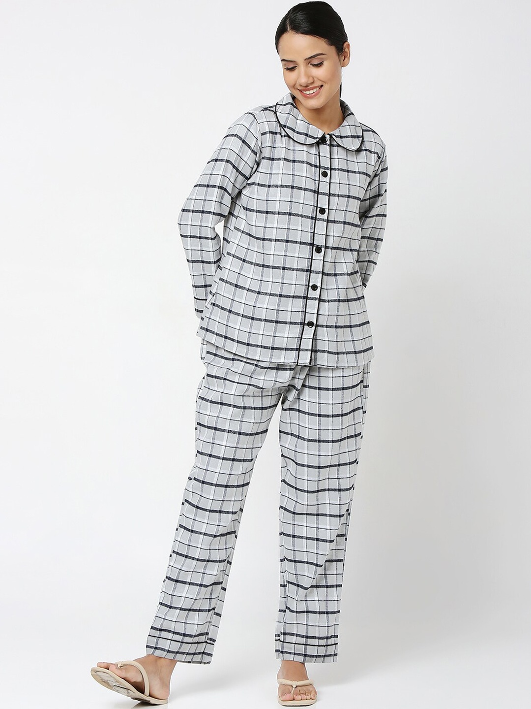 

Smarty Pants Women Grey & White Peter Pan Collar Checked Night suit