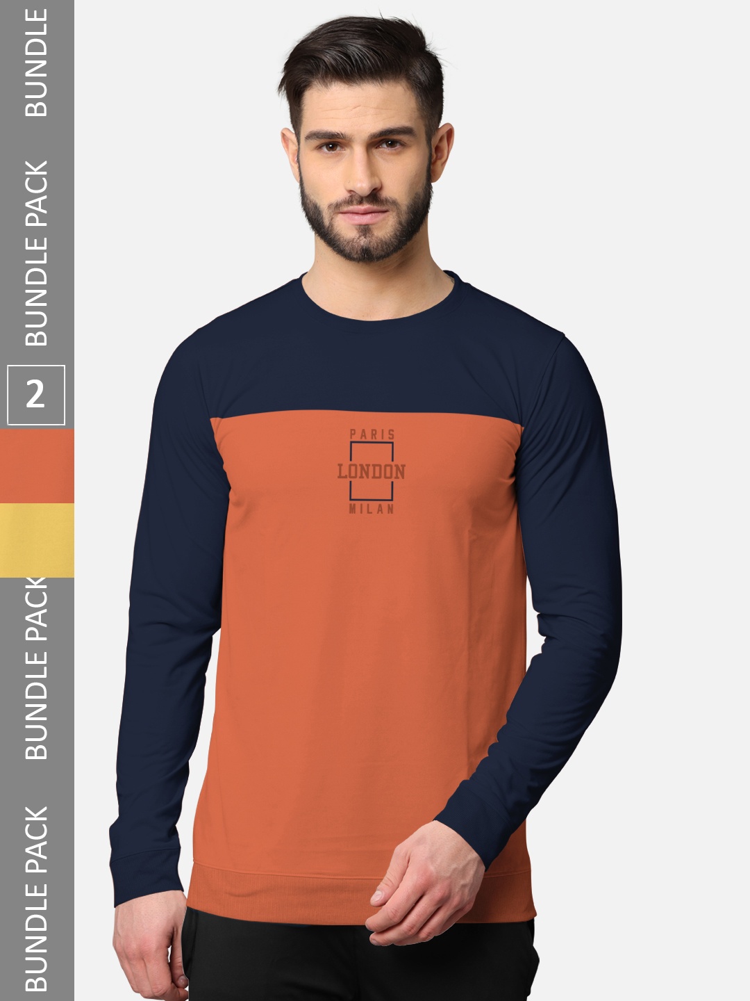 

BULLMER Men Pack Of 2 Mustard Yellow & Navy Blue Typography Printed Cotton T-shirt