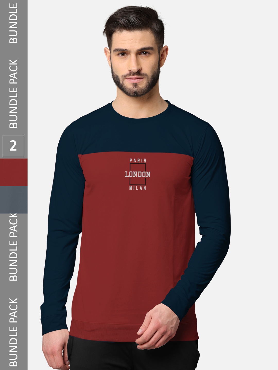 BULLMER Men Pack Of 2 Grey & Navy Blue Typography Printed Cotton T-shirt
