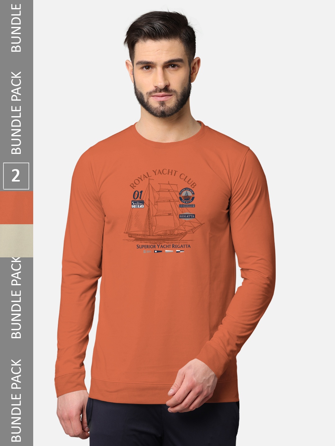 

BULLMER Men Pack Of 2 Rust & Navy Blue Typography Printed Cotton T-shirt