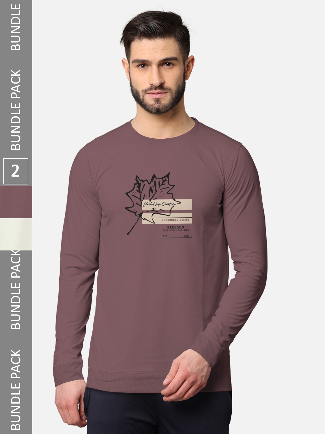 BULLMER Men Pack Of 2 Taupe & Green Typography Printed Cotton T-shirt