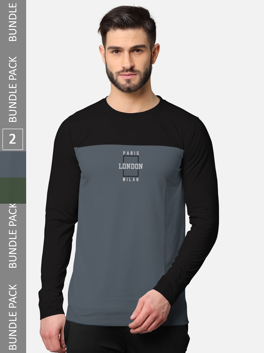 

BULLMER Men Pack Of 2 Olive Green & Black Typography Printed Cotton T-shirt