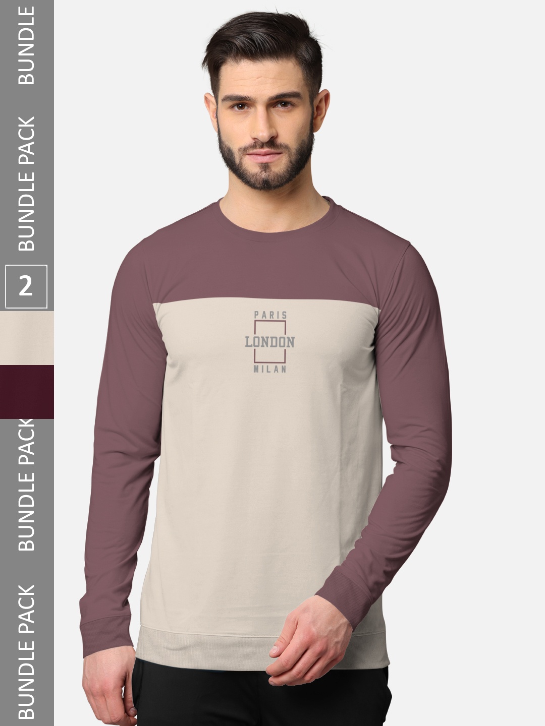 

BULLMER Men Pack Of 2 Taupe & Burgundy Typography Printed Cotton T-shirt
