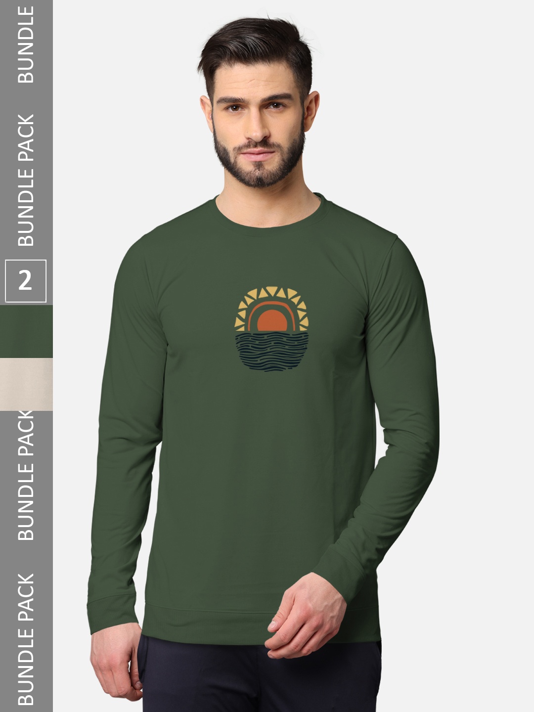 

BULLMER Men Pack Of 2 Olive Green & Taupe Typography Printed Cotton T-shirt