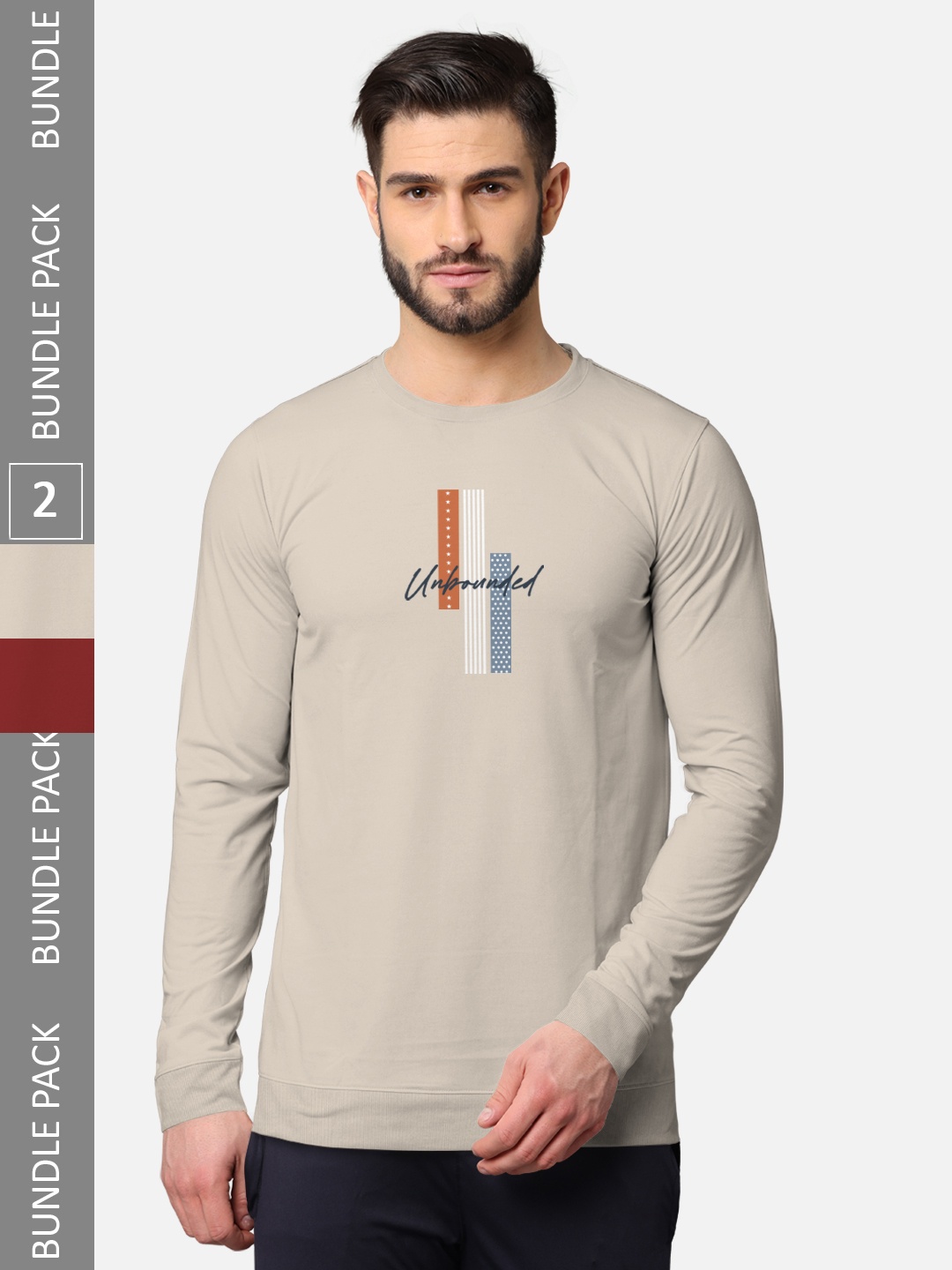 

BULLMER Men Pack Of 2 Beige & Navy Blue Typography Printed Cotton T-shirt