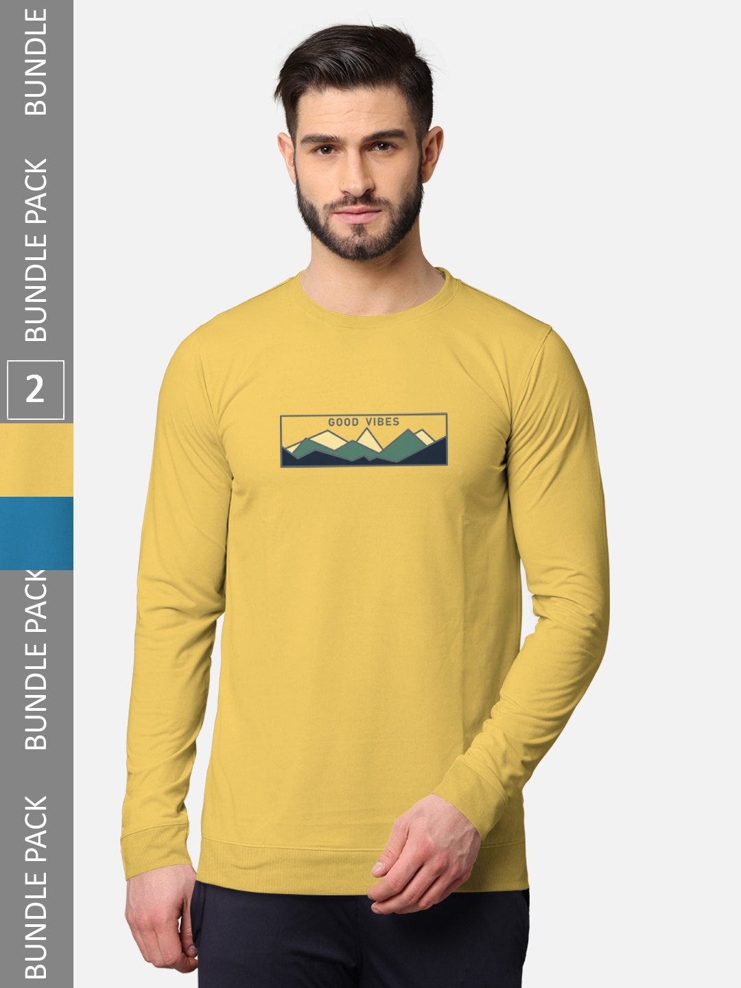 

BULLMER Men Pack Of 2 Mustard Yellow & Black Typography Printed Cotton T-shirt