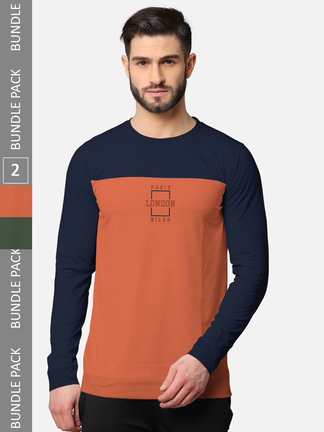 

BULLMER Men Pack Of 2 Olive Green & Navy Blue Typography Printed Cotton T-shirt