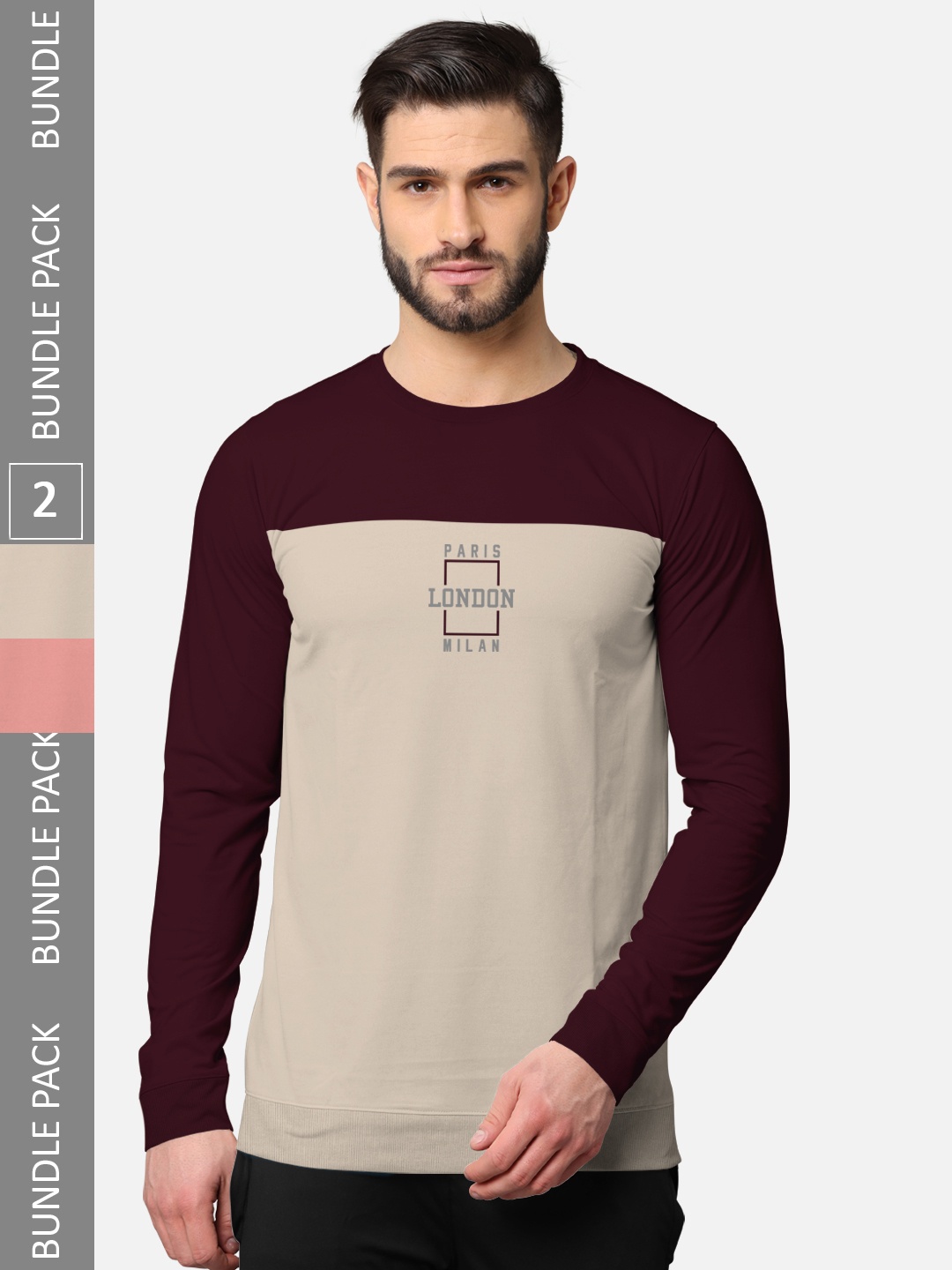 

BULLMER Men Pack Of 2 Burgundy & Pink Typography Printed Cotton T-shirt