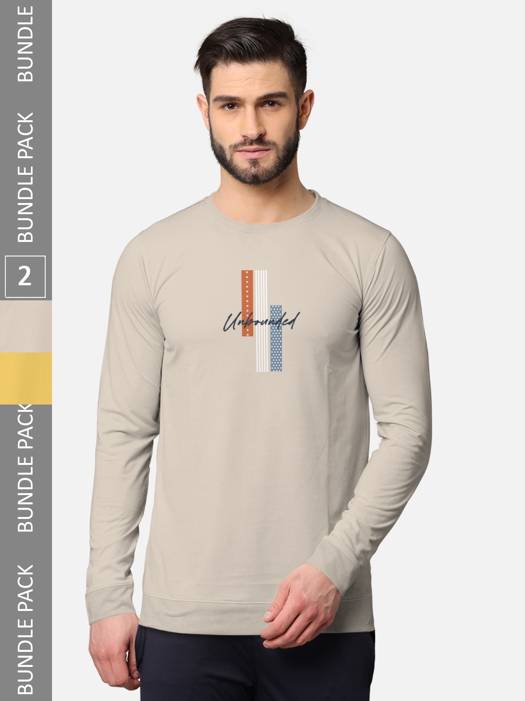 BULLMER Men Pack Of 2 Beige & Charcoal Typography Printed Cotton T-shirt