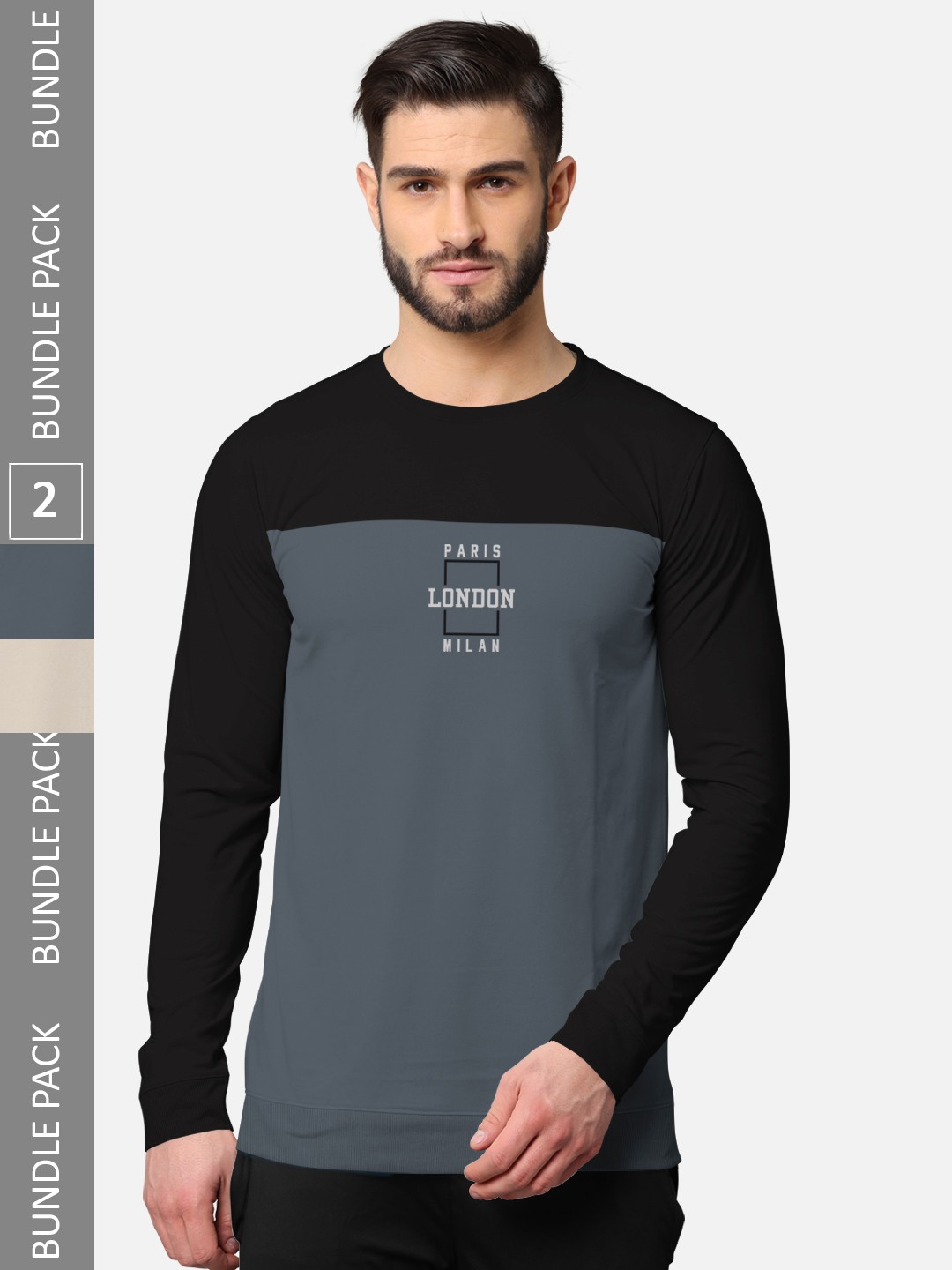 

BULLMER Men Pack Of 2 Beige & Black Typography Printed Cotton T-shirt