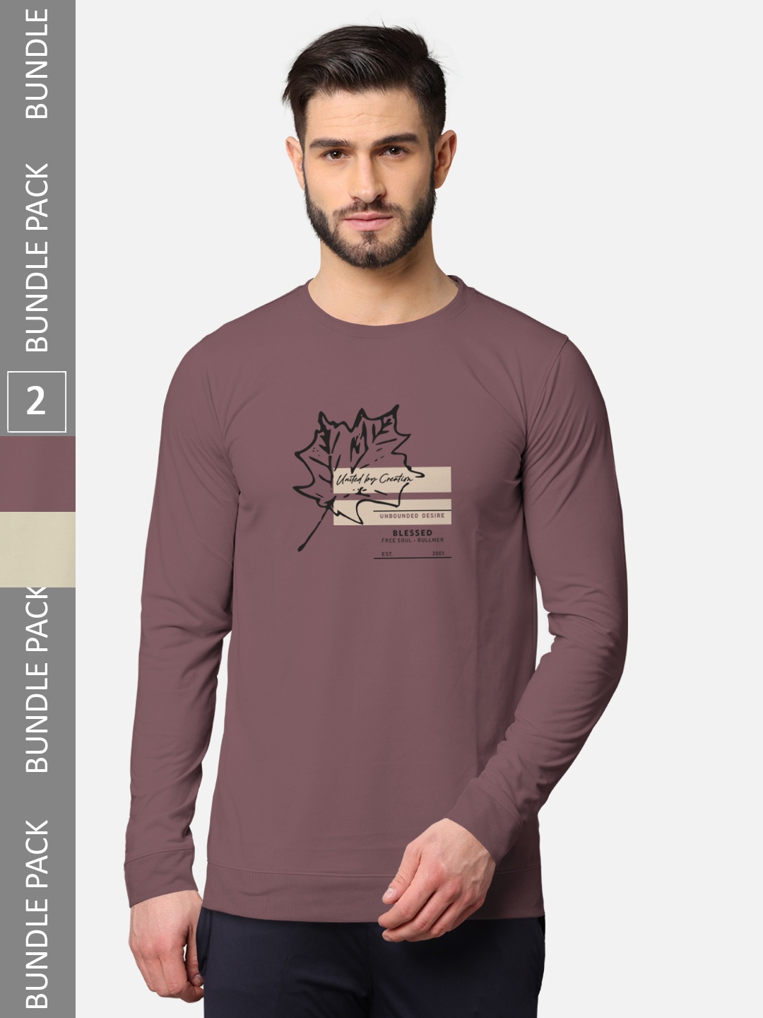 

BULLMER Men Pack Of 2 Taupe & Navy Blue Typography Printed Cotton T-shirt