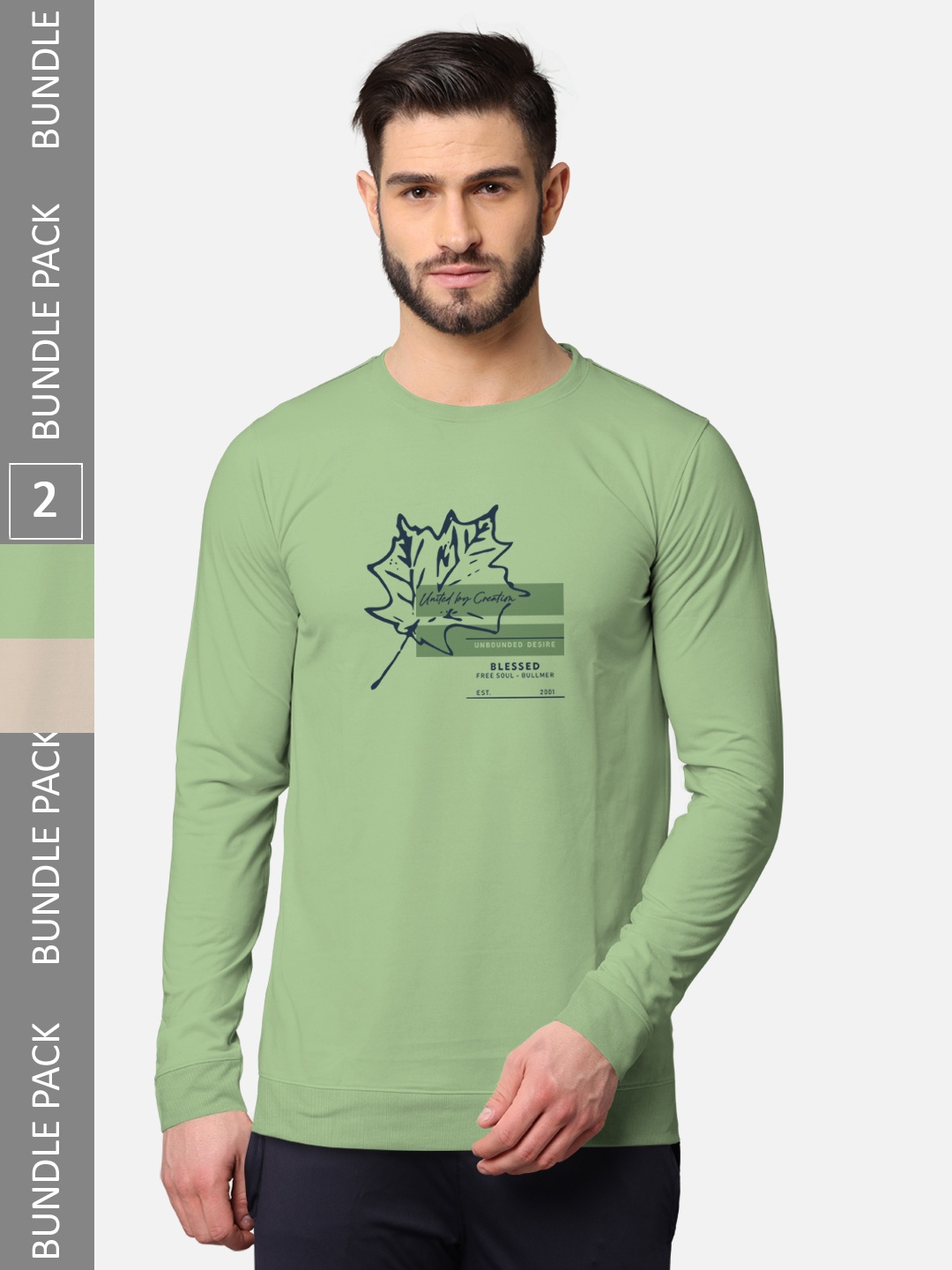 

BULLMER Men Pack Of 2 Green & Burgundy Typography Printed Cotton T-shirt