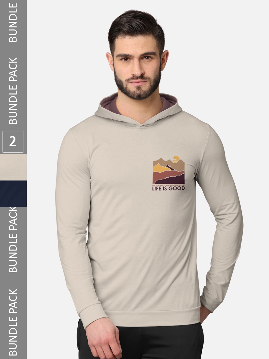 

BULLMER Pack of 2 Men Beige Printed Hooded Sweatshirt