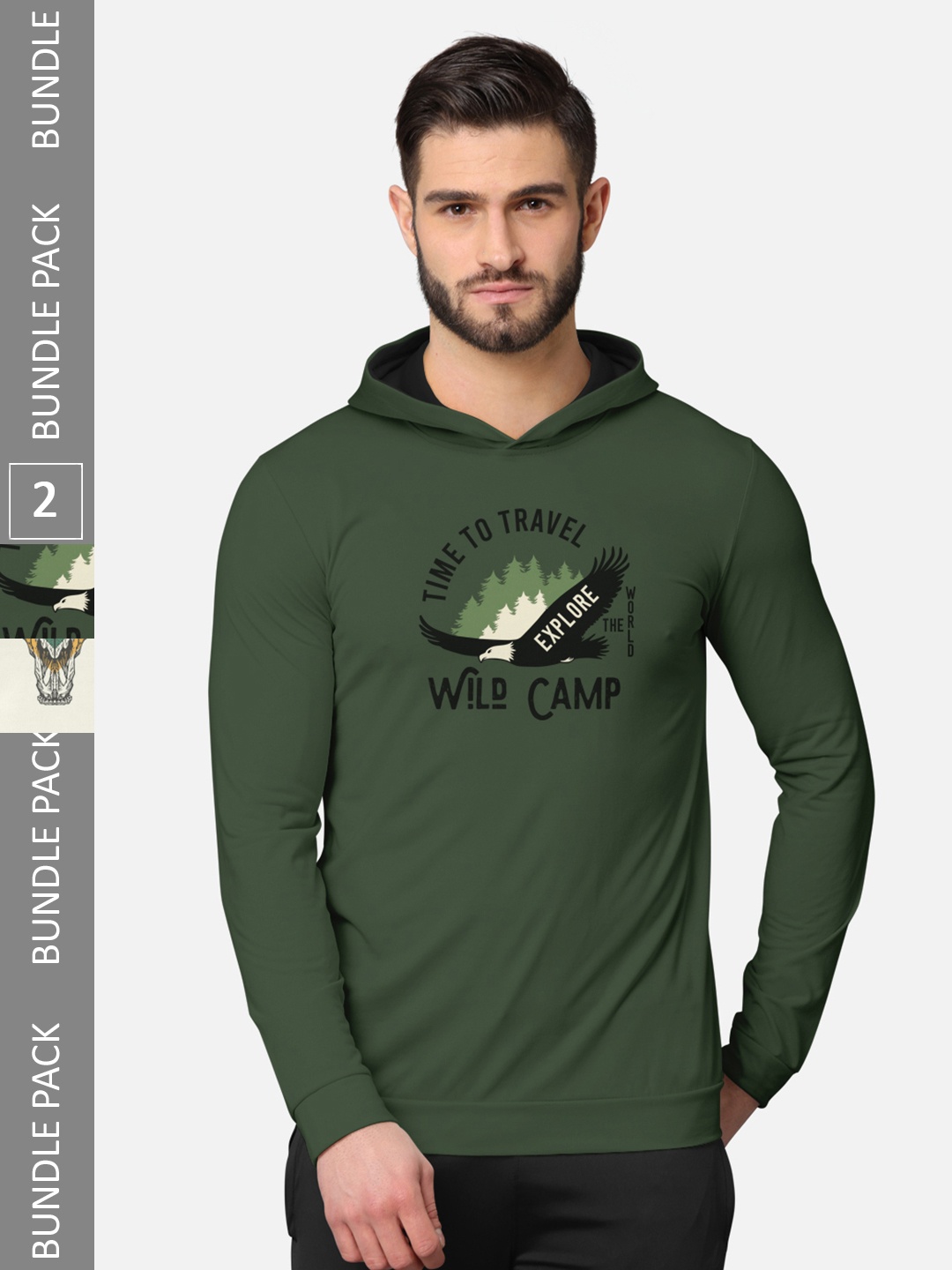 

BULLMER Pack of 2 Men Olive Green Printed Hooded Sweatshirt