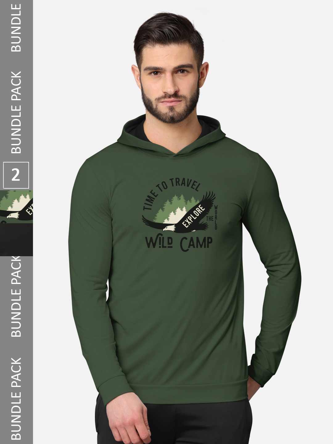 

BULLMER Pack of 2 Men Olive Green Printed Hooded Sweatshirt