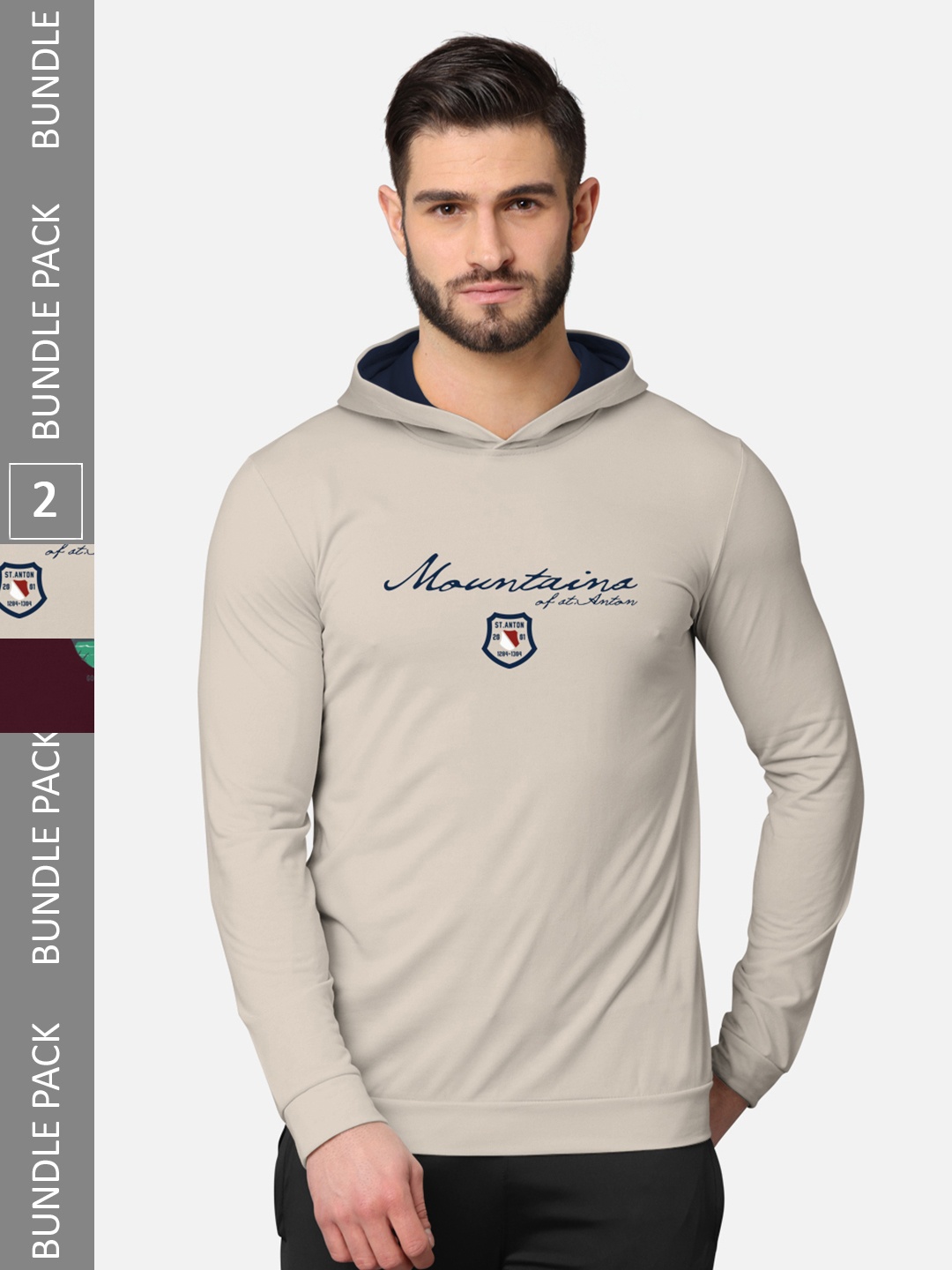 

BULLMER Pack of 2 Men Beige Printed Hooded Sweatshirt