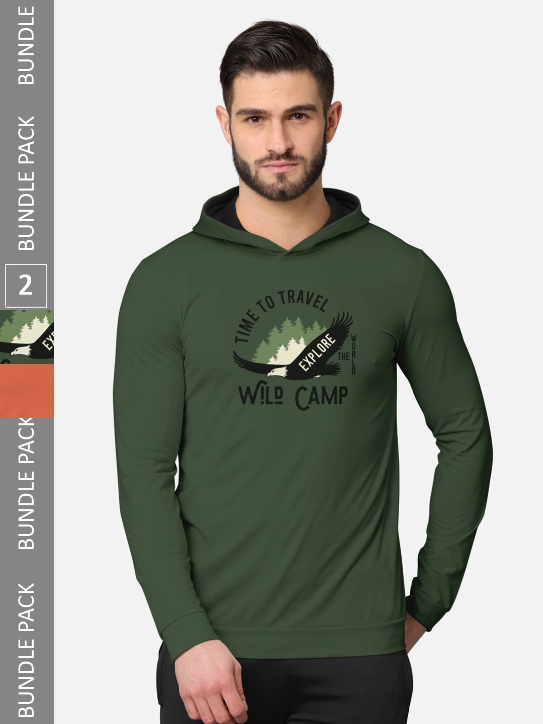 

BULLMER Pack of 2 Men Olive Green Printed Hooded Sweatshirt