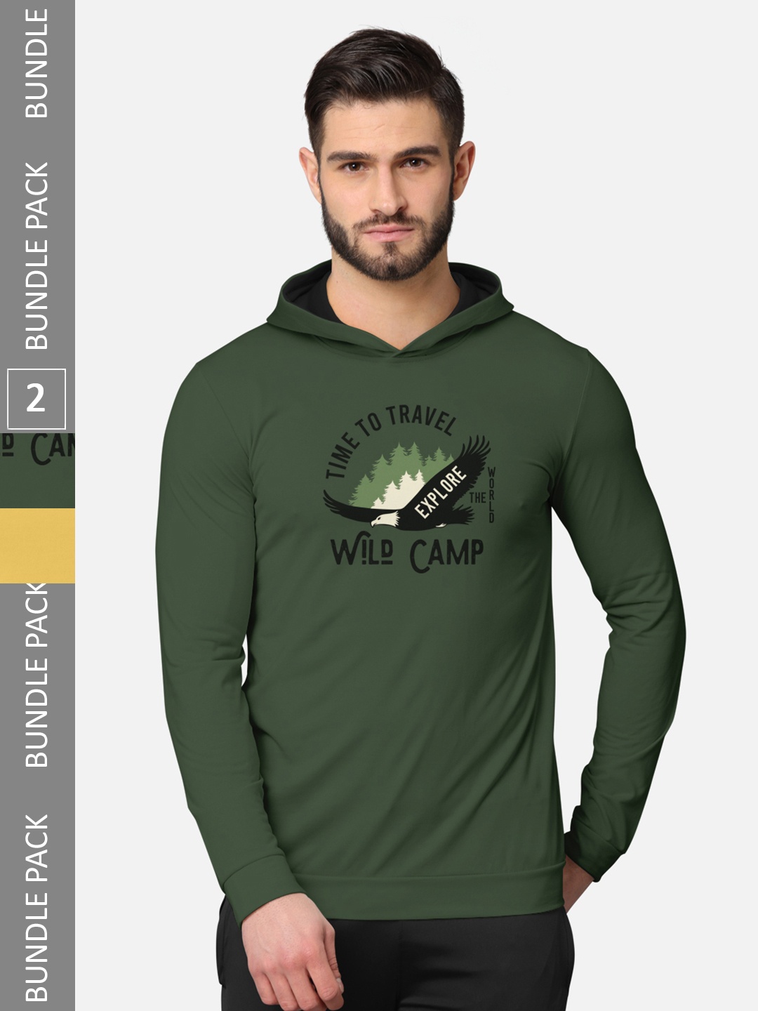 

BULLMER Pack of 2 Men Olive Green Printed Hooded Sweatshirt