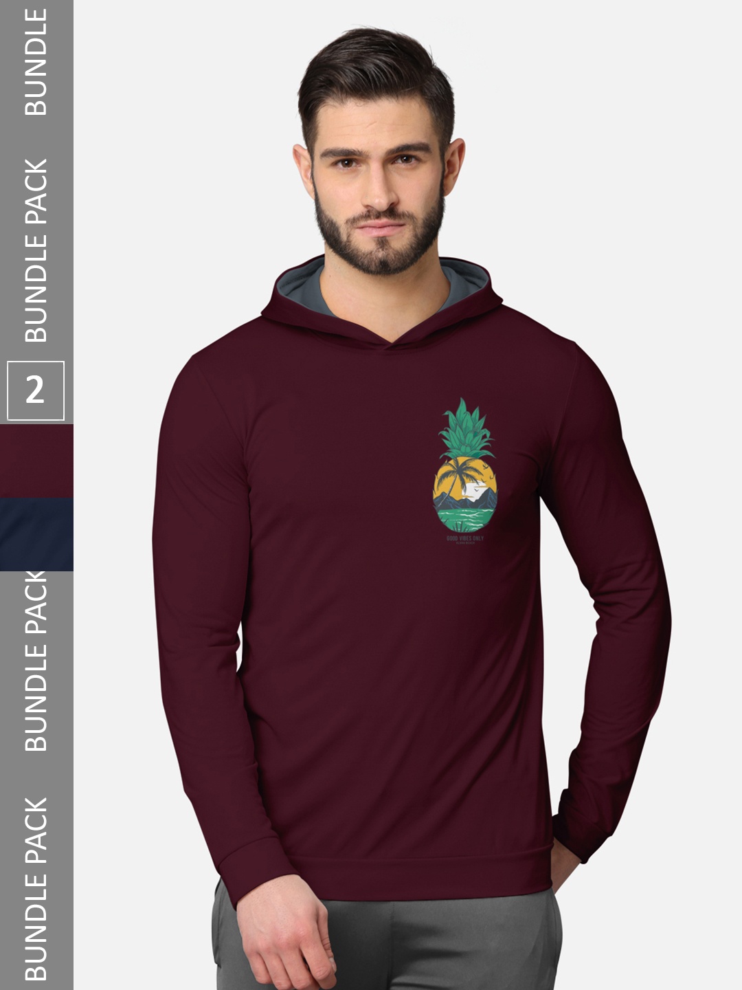 

BULLMER Pack of 2 Men Burgundy Printed Hooded Sweatshirt