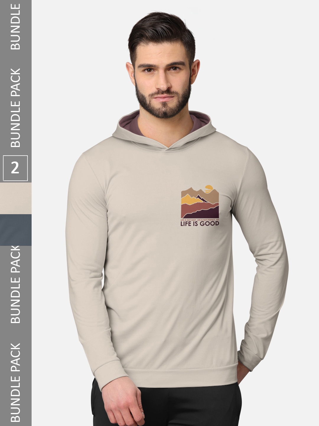 

BULLMER Pack of 2 Men Beige Printed Hooded Sweatshirt