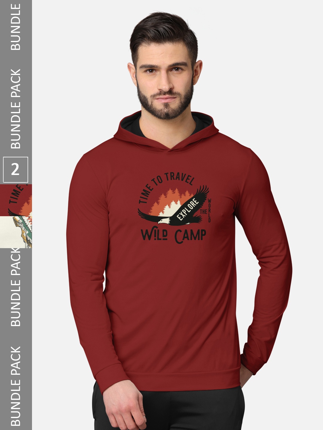 

BULLMER Pack of 2 Men Rust Printed Hooded Sweatshirt, Maroon