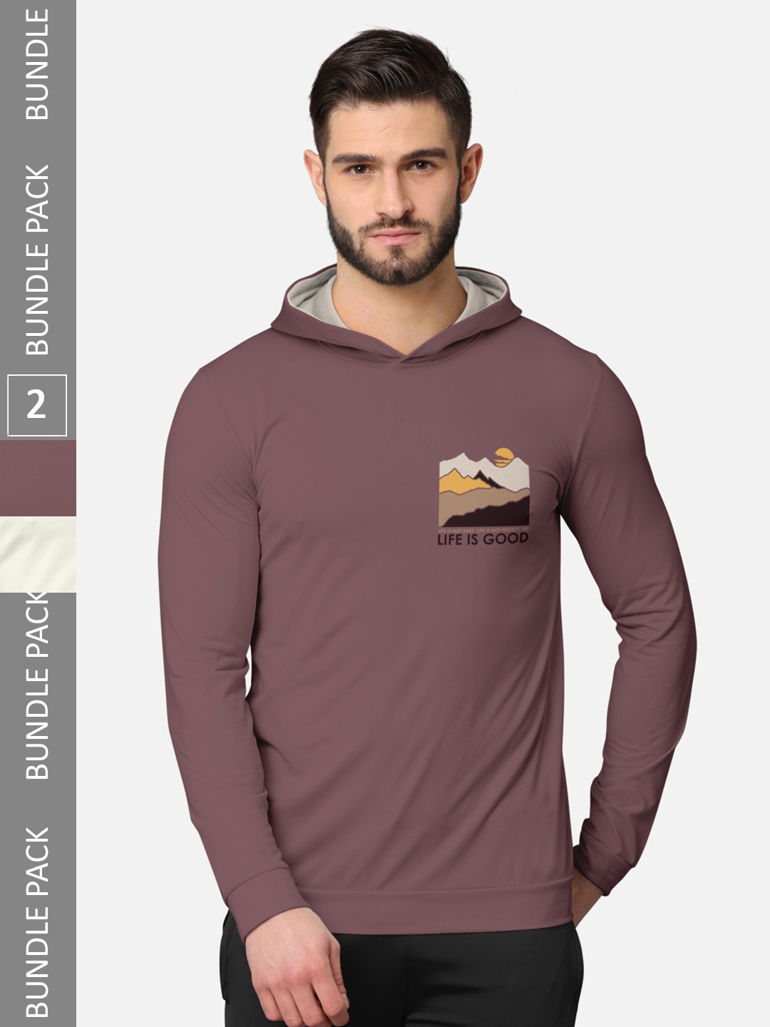 

BULLMER Pack of 2 Men Taupe Printed Hooded Sweatshirt