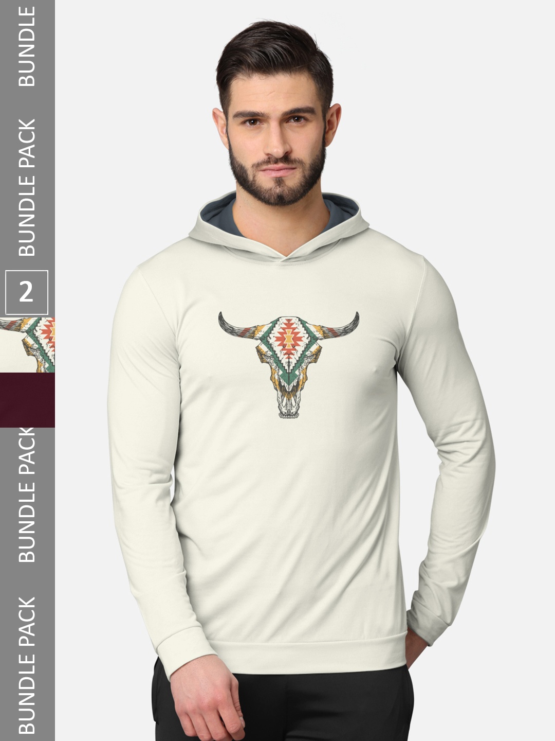 

BULLMER Pack of 2 Men Printed Hooded Sweatshirt, Cream