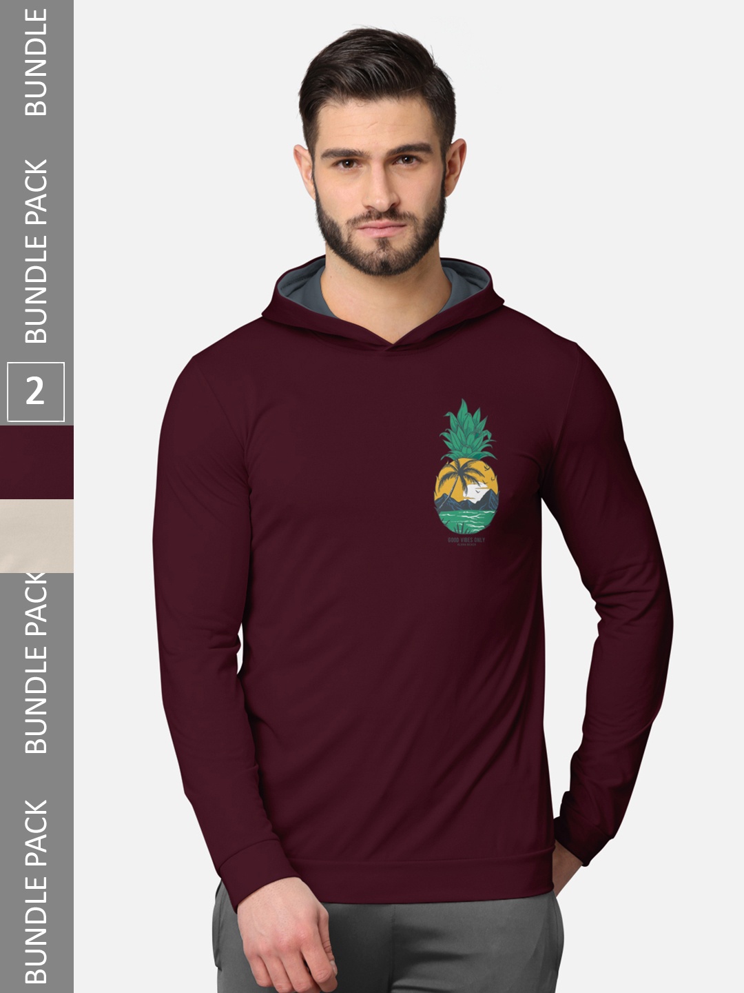 

BULLMER Pack of 2 Men Printed Hooded Sweatshirt, Burgundy