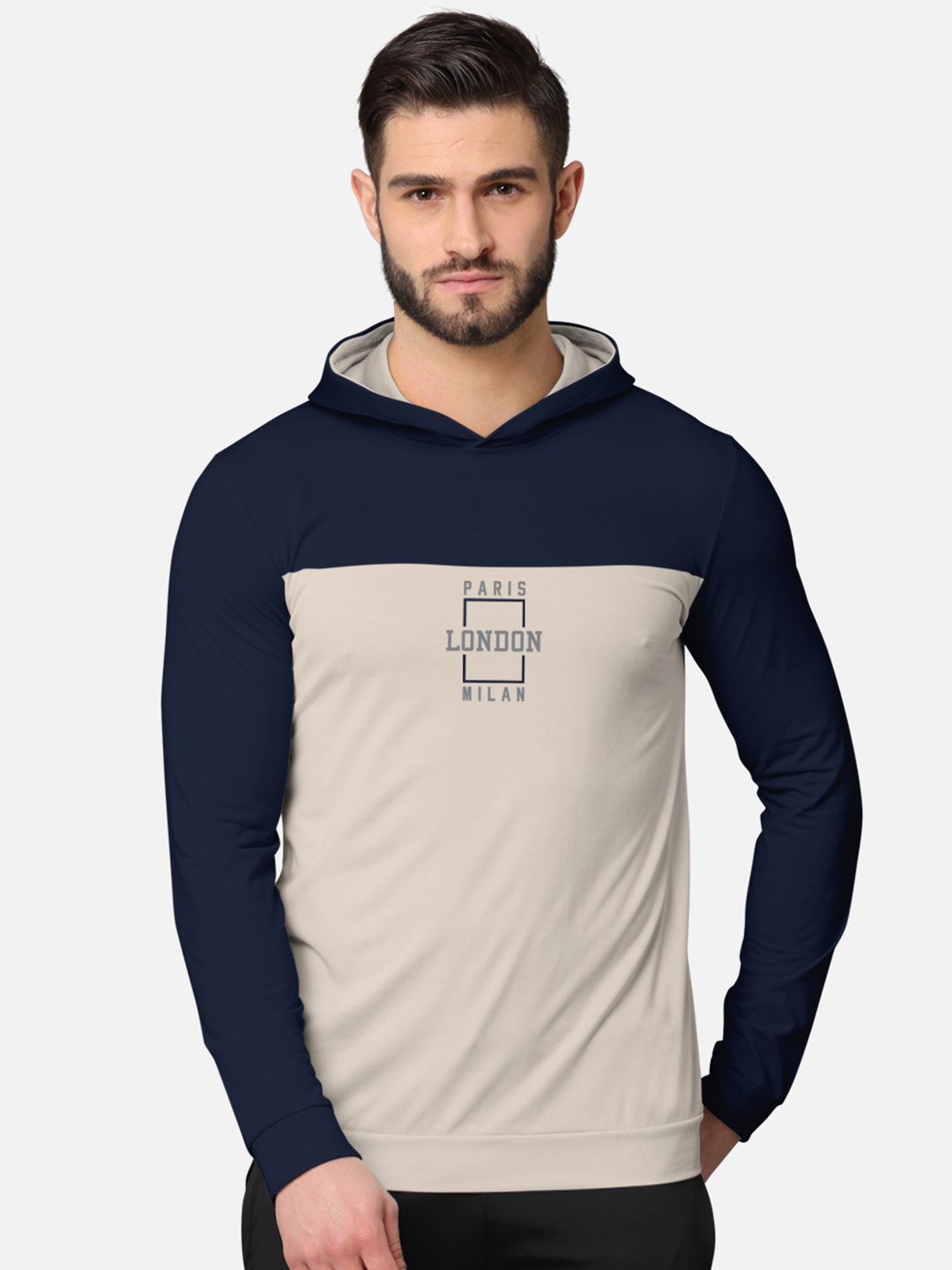 

BULLMER Men Navy Blue Front & Back Printed Hooded Sweatshirt