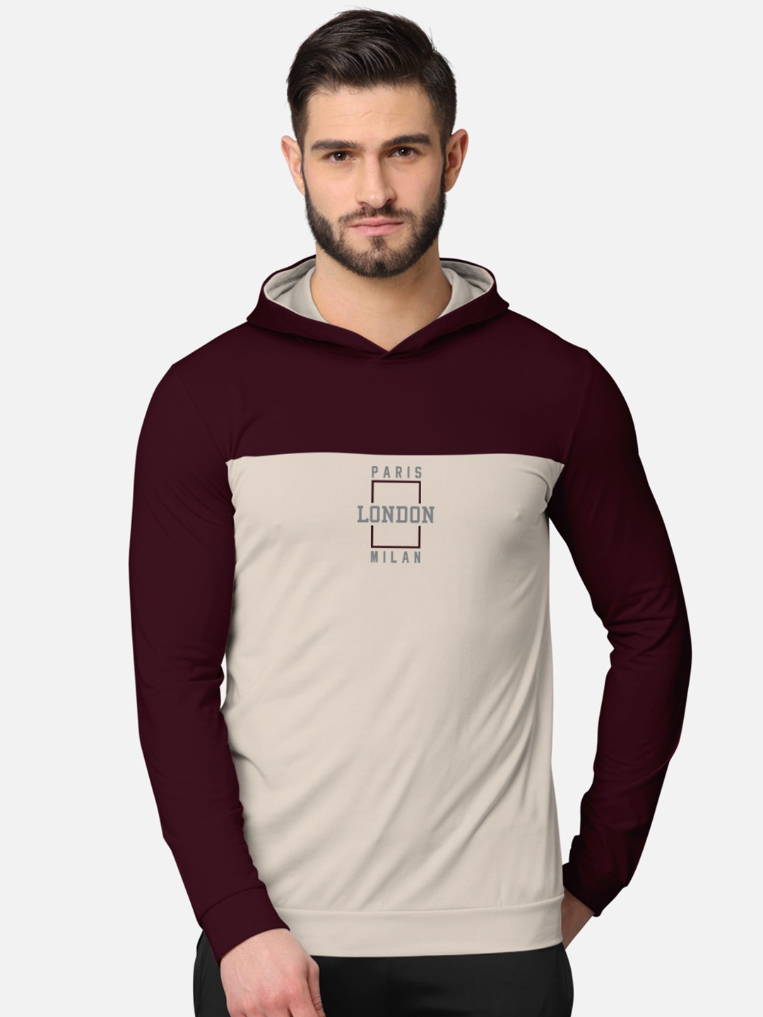 

BULLMER Men Burgundy Front & Back Printed Hooded Sweatshirt