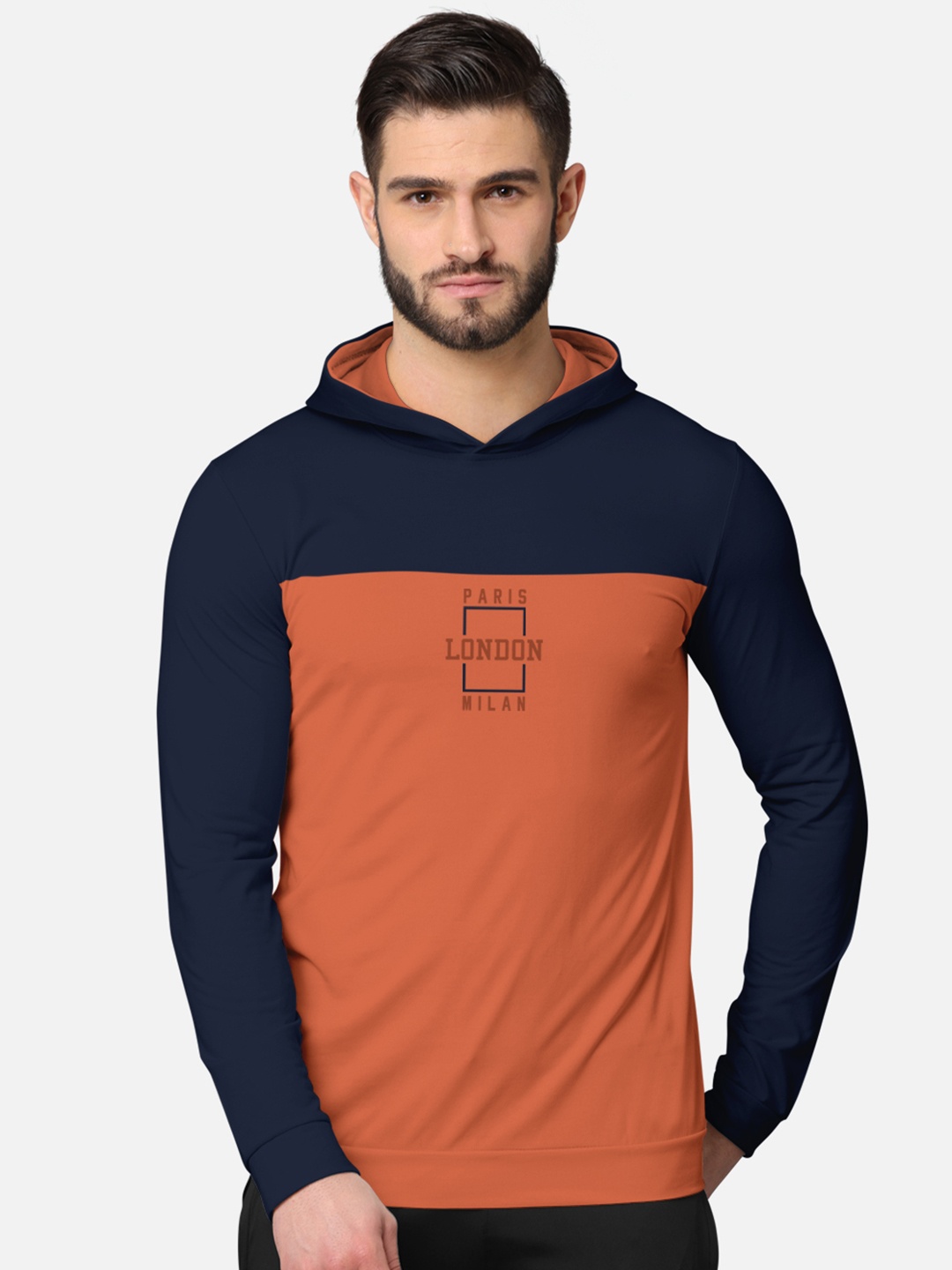 

BULLMER Men Navy Blue & Rust Printed Hooded Sweatshirt