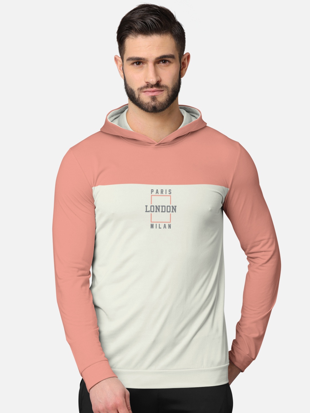 

BULLMER Men Peach & Off White Colourblocked Hooded Sweatshirt