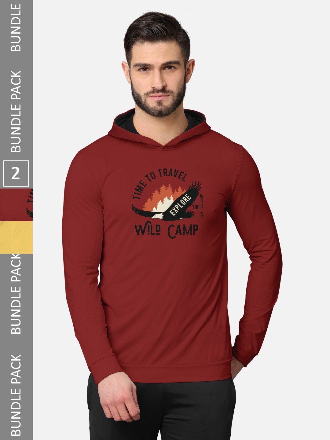 

BULLMER Men Pack Of 2 Rust & Burgundy Typography Printed Cotton Hooded T-shirt