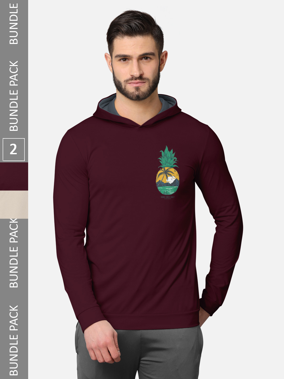 

BULLMER Men Pack Of 2 Burgundy & Beige Printed Cotton Hooded T-shirt