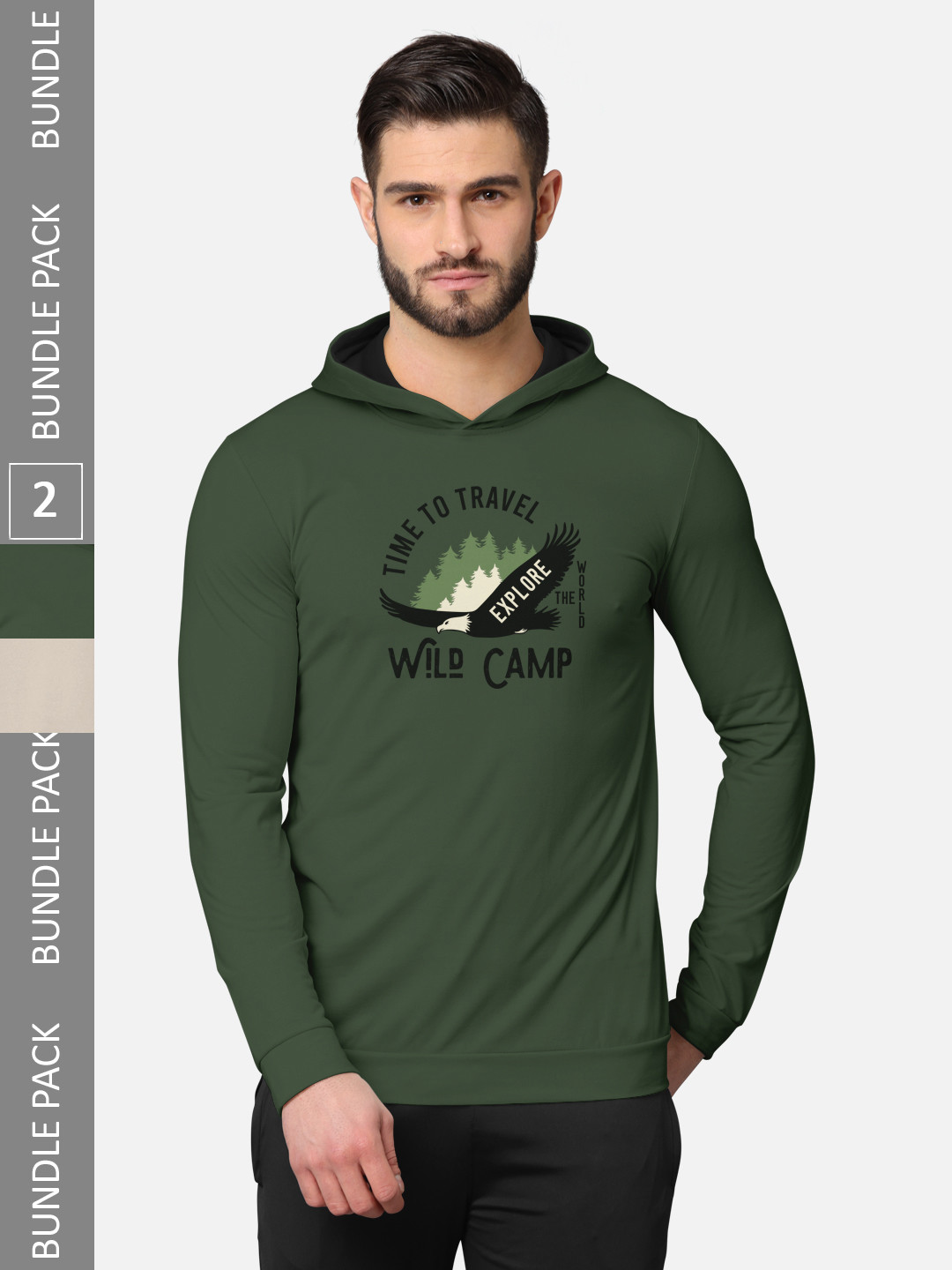 

BULLMER Men Pack Of 2 Olive Green & Beige Typography Printed Cotton Hooded T-shirt