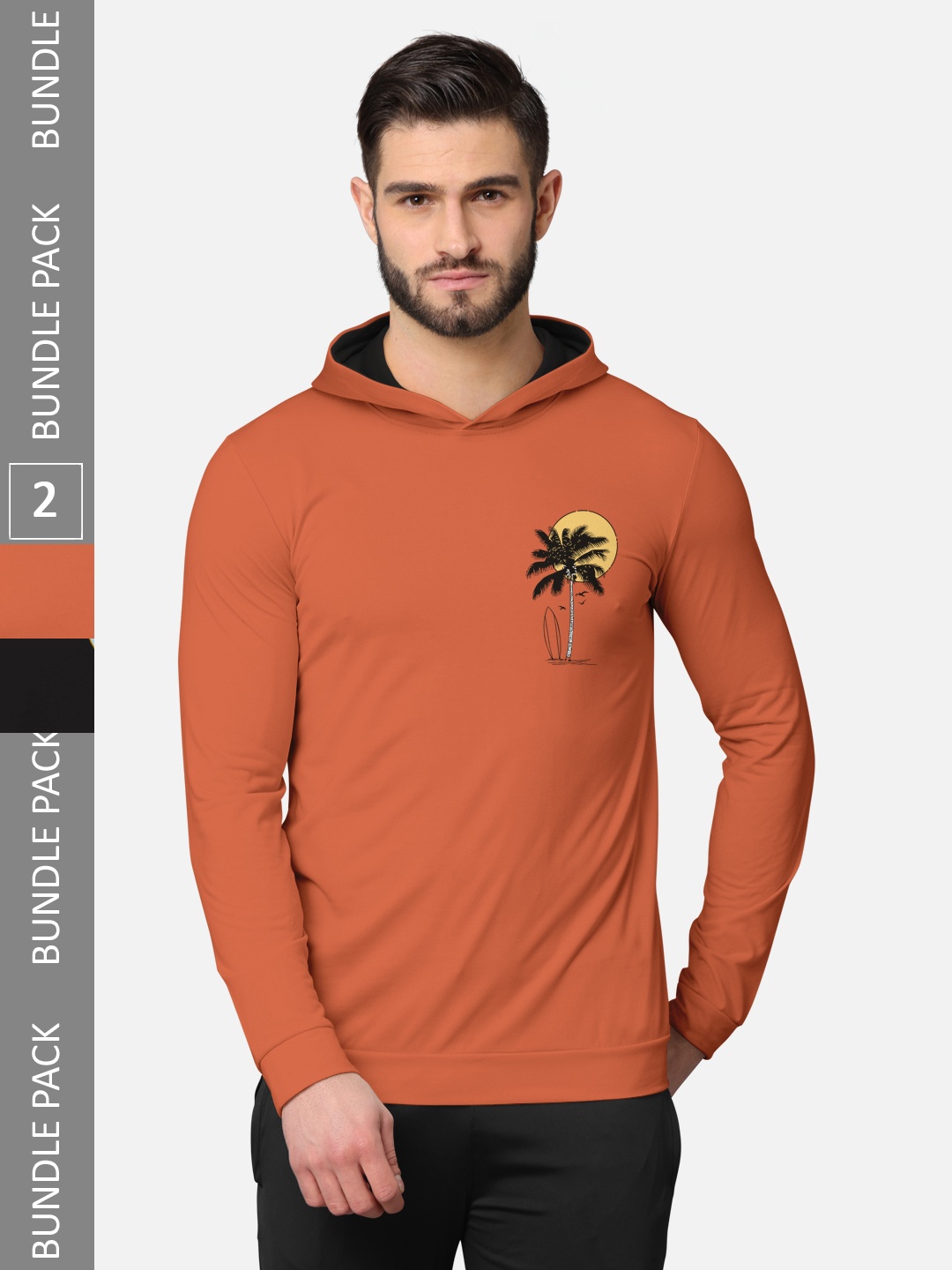 

BULLMER Men Pack Of 2 Rust & Black Printed Cotton Hooded T-shirt