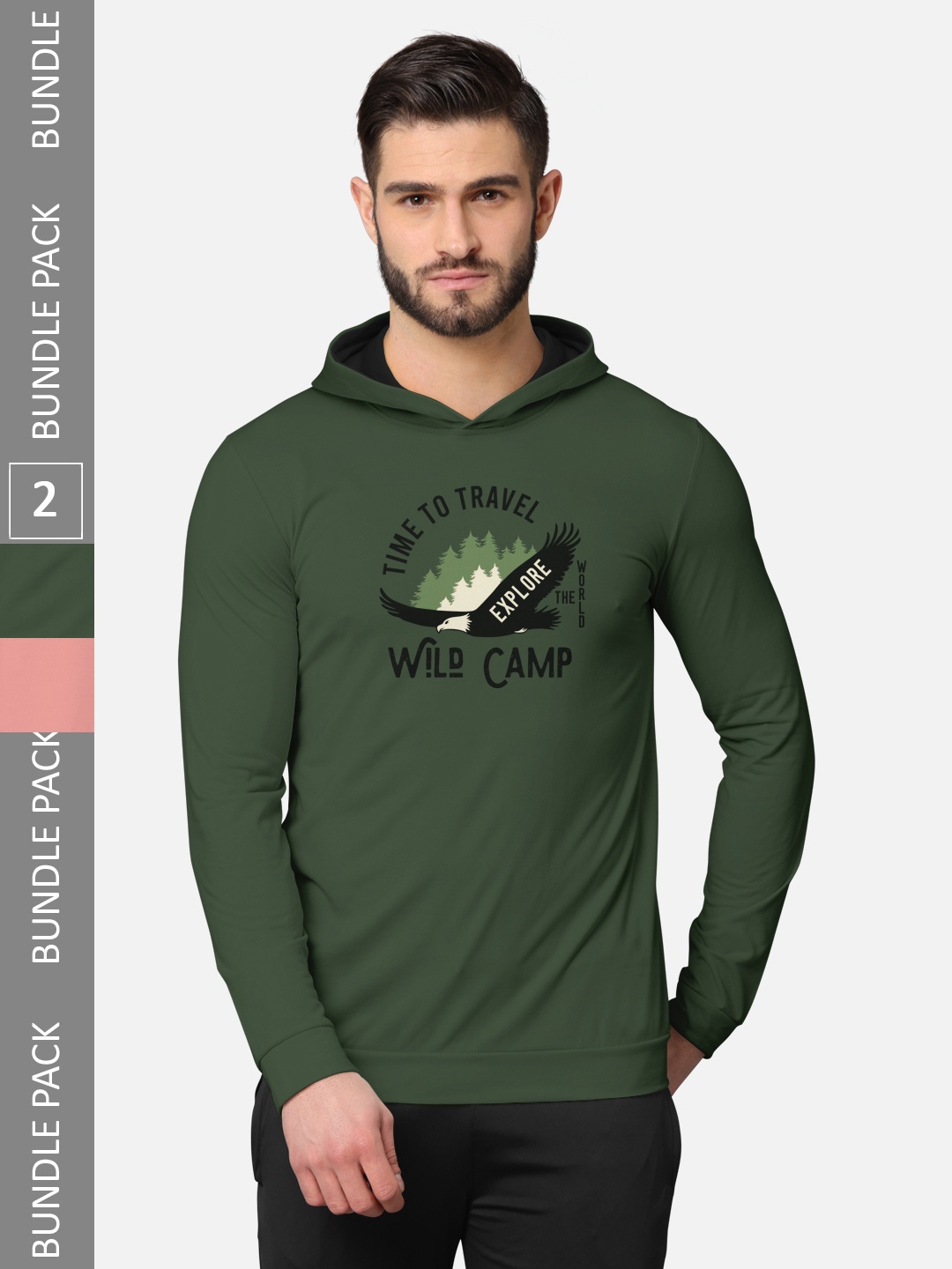 

BULLMER Men Pack of 2 Olive Green & Pink Long Sleeves T-shirt