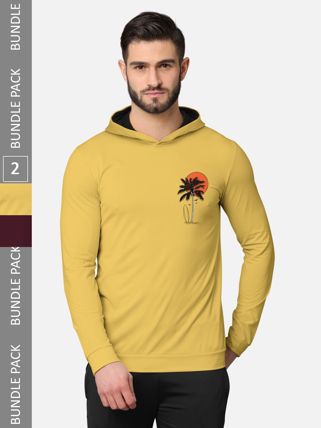 

BULLMER Men Pack of 2 Yellow & Burgundy Long Sleeves T-shirt