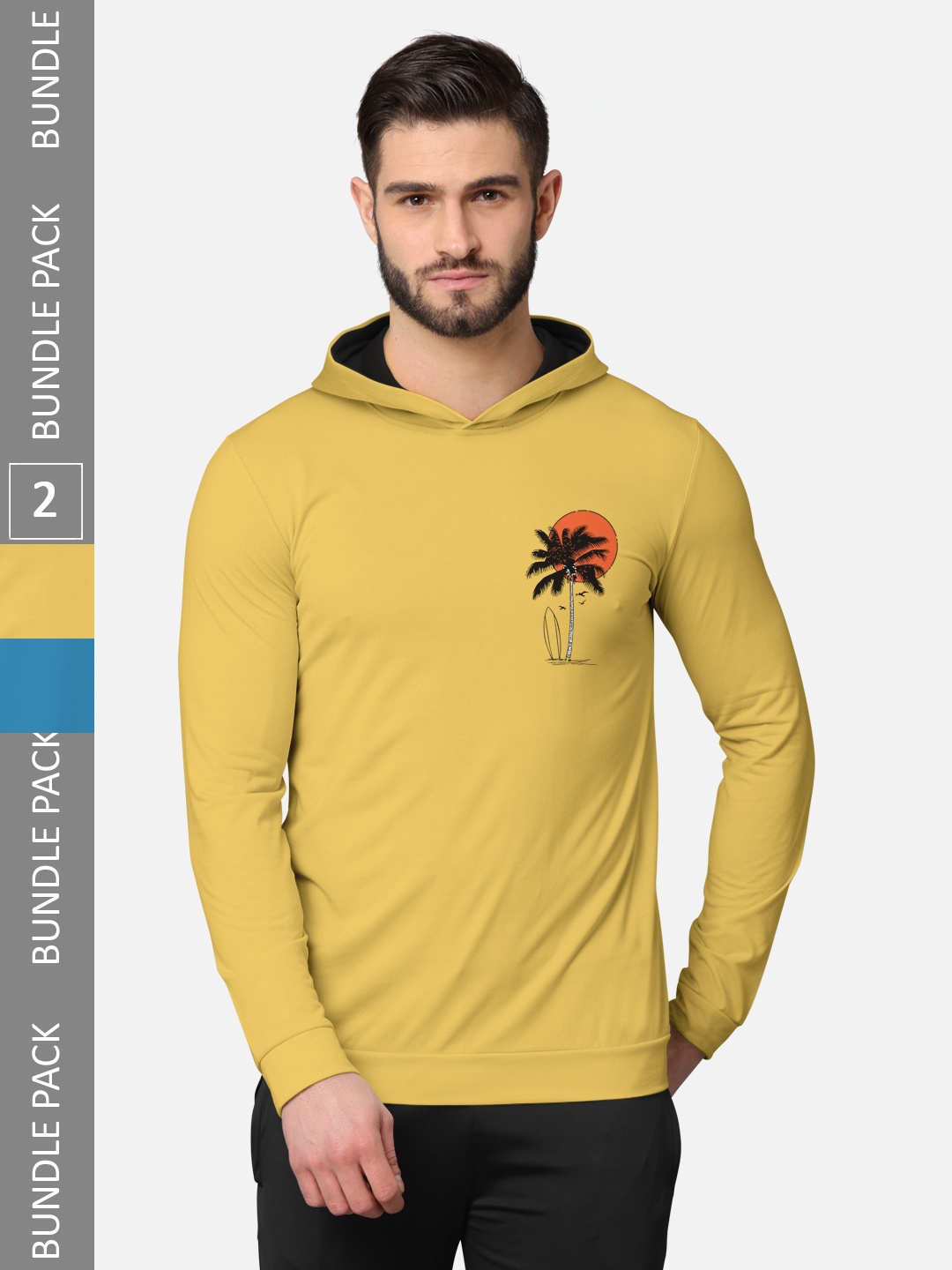 

BULLMER Men Pack of 2 Yellow & Turquoise Blue Long Sleeves T-shirt