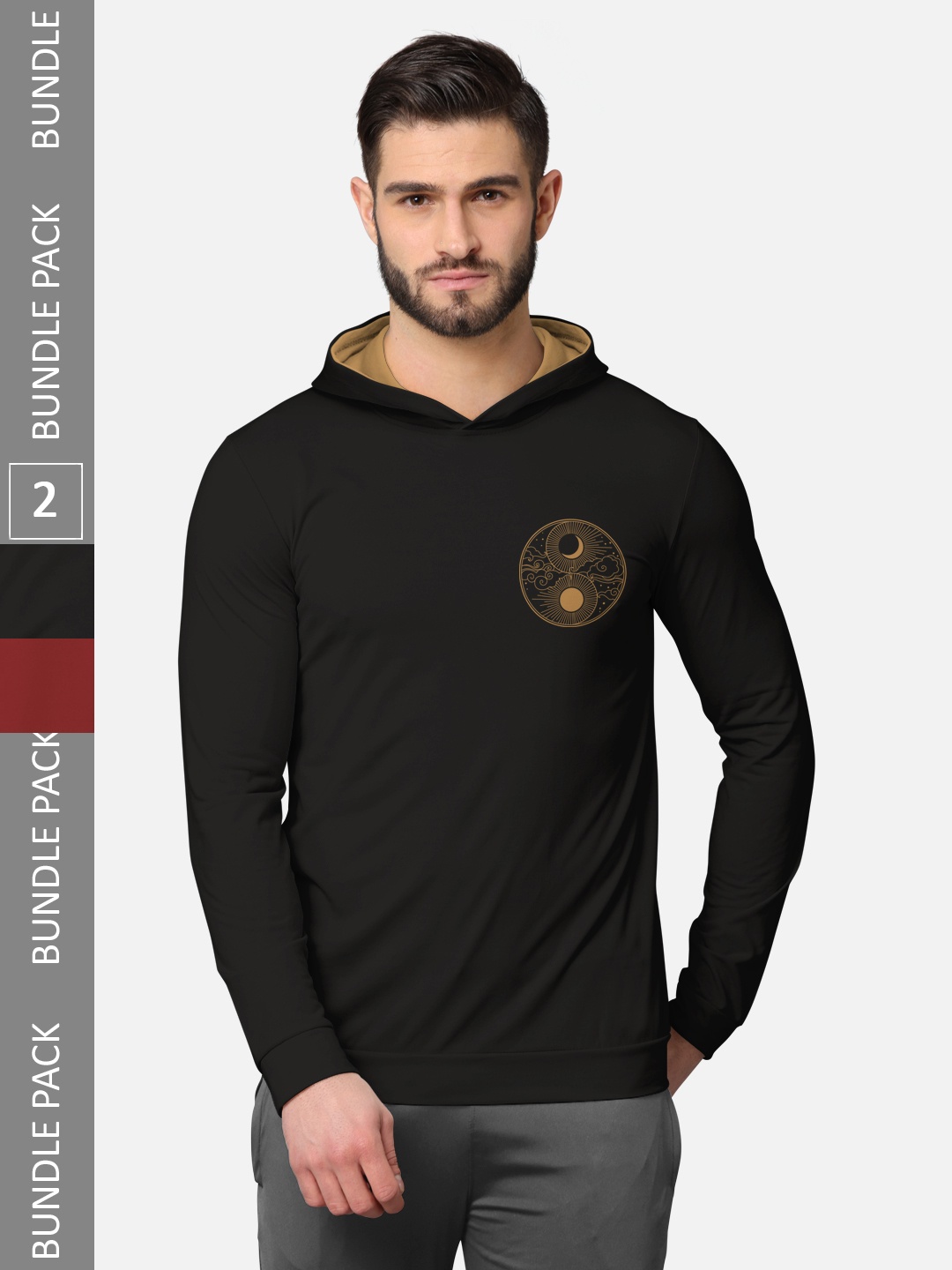

BULLMER Men Pack of 2 Black & Rust Orange Long Sleeves T-shirt